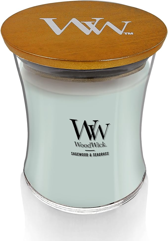 WoodWick Sagewood & Seagrass Gifts for Women and Men, 9.7 oz Medium Hourglass Candle with Crackling Wick