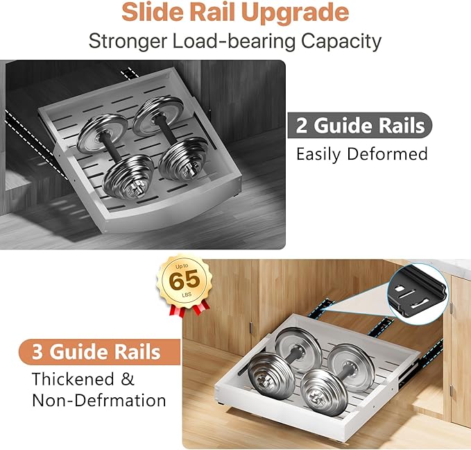 2 Pack Pull out Cabinet Organizer, Width (10"-15") Depth (11"-17"), with 3 Rails Adjustable Slide, Expandable Drawers for Cabinets, No Drill Adhesive Kitchen Drawers for Pantry Shelves white