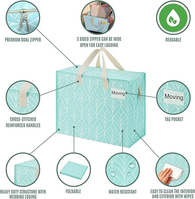 VENO 4 Pack Heavy Duty Moving Bags, Storage Bags, Packing Supplies, Top Zipper, Storage Totes for Camping, Clothes, Bedding, Comforters, Pillows (13 Gallon,Evergreen, 4 Pack)