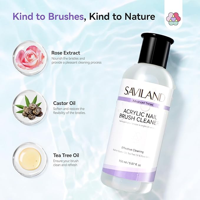 SAVILAND Acrylic Nail Brush Cleaner: 3-Minute Deep Clean & Conditioning Liquid, Plant-Based Cleaner Conditioner Preserver Restorer for Acrylic Nail Brushes, Home DIY & Salon Use, 5 OZ