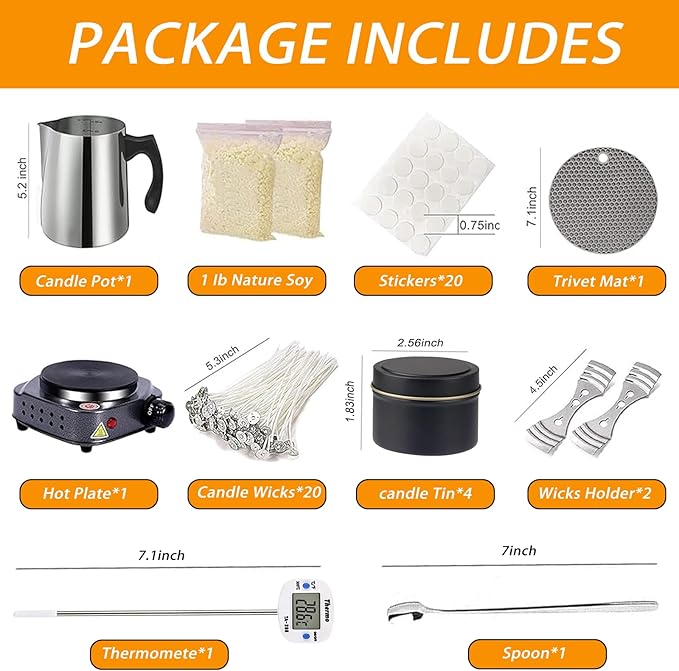 BBAXI Candle Making Kit with Electronic Hot Plate,Candle Wax Melter for Melting,Including Melting Pot, Hot Plate,1lb Soy Wax,Stain Spoon,Cotton Wicks,Center Devices,Wick Stickers