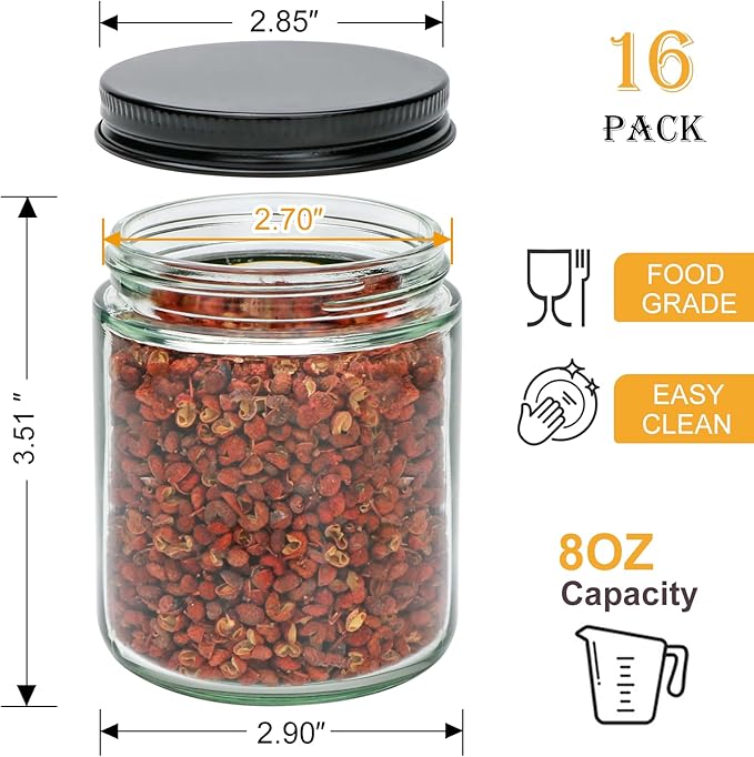 Salzesfalls 16 Pack Clear Candle Jars for Making Candles,8 oz Glass Jars with Lids,Candle Jars with 16 Metal lids,Canning Jars For Candles,Spice,Powder,Liquid,Sample