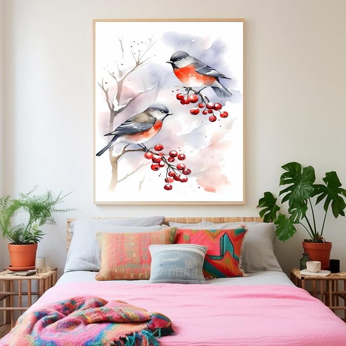 GUAIEUW Red Fruit Red Bird Diamond Painting Kit for Adults, Full Round Diamond Cardinal Bird 5D Diamond Painting DIY Art Crafts for Winter Home Wall Decor Holiday Gift 16x24 Inch