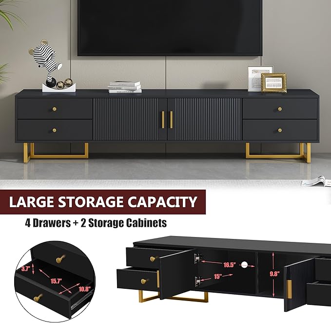 Amposei Modern TV Stand with Drawers for TVs up to 75'', Media Console Storage Cabinet Entertainment Center Furniture for Living Room Bedroom, Gold Metal Legs, 70.9-Inch, Black