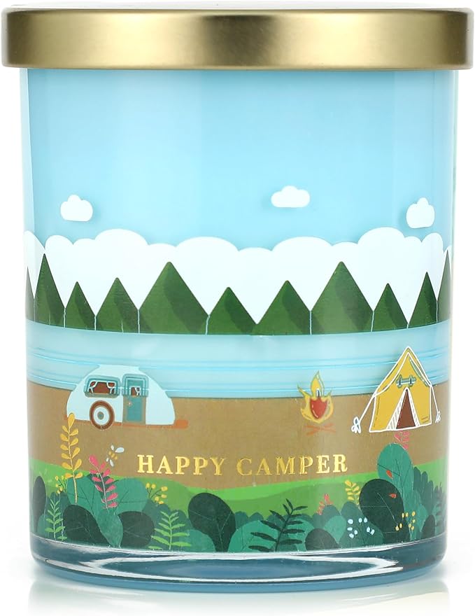 Happy Camping Candle,Fresh Forest Scented Candles,Candles for Home Decor,Summer Vacations Gifts for Friends,Adventure Lover,Travel,Climber,Hiker,Soy Wax Candle,10oz