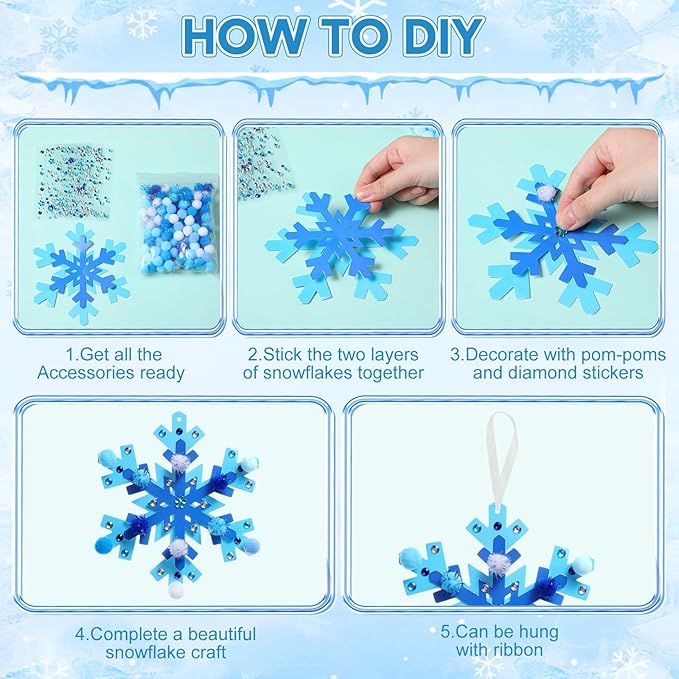 Funrous 48 Sets Snowflake Crafts Kit Winter Paper Crafts DIY White Snowflake Christmas Hanging Ornaments with Pompoms Diamond Stickers for Holiday Classroom Activities Arts Party Favors