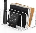 SANRUI Acrylic Mail Organizer, 3 Compartments Clear File Holder for Desk, Letter Sorter with Pen Holder, Countertop Document Sorter for Notebooks, Bills & Eyeshadow Palettes