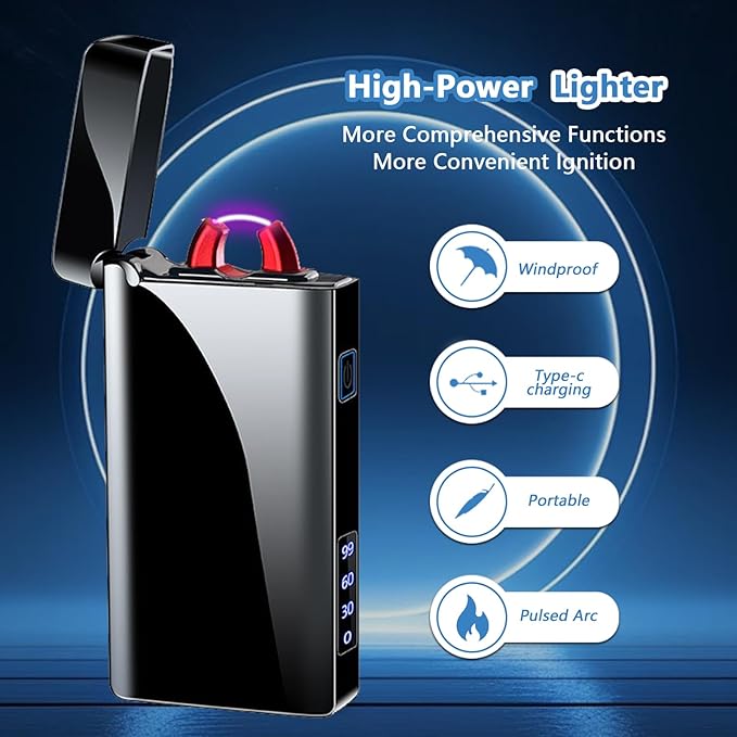 Electric Lighter USB Type-C Rechargeable Plasma Arc Lighter, High Power Flame Torch Lighter Windproof with LED Battery Indication Candle, Incense, Camping Gifts (Ice Black, 220mAh)