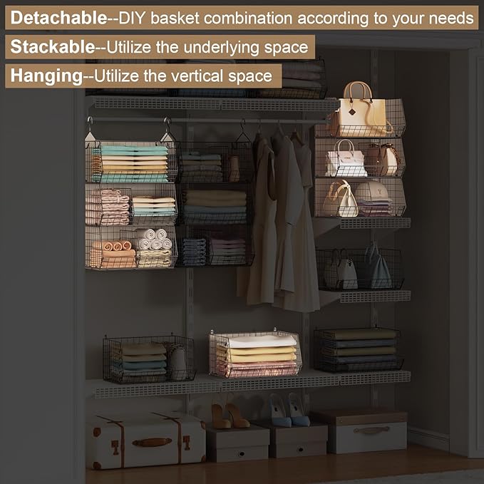 Jautokerdar 3 Tier Closet Hanging Shelves with Divider, Extra Large Closet Organizers and Storage, Clothes Hanging Organizer Clothing Sweaters Handbags Clutches Accessories