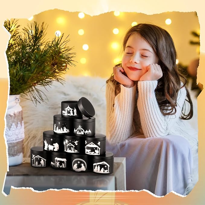 Willinglong 10 Pack Jesus Advent Candle Tins 4 oz Nativity Theme Empty Candle Jars with Lids Black for Making Candles DIY Christmas Catholic Christian Church Gift, Exquisitely Packaged