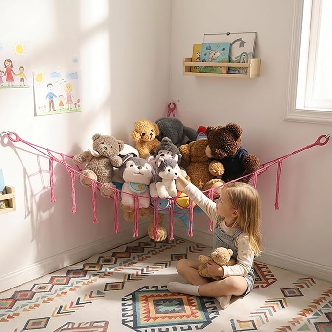 YKBU Stuffed Animals Hammock Corner Hanging Net with Tassel Macrame Stuffed Animal Storage Plush Toy Holder Toy Organizer for Boho Nursery Playroom Bedroom Kids Room (pink, large)