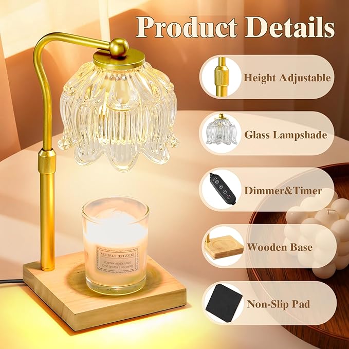Shevvi Candle Warmer Lamp with Timer, Dimmable Candle Warmer for Jar Candles, Gifts for Women Mom, Height Adjustable Wax Melt Warmer, House Warming Birthday Gift, New Home Decor, Natural Wood