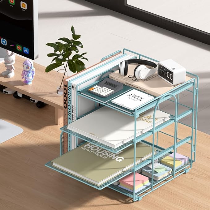 Blue Desk File Organizer and Accessories, 4-Tier Paper Organizer with Vertical File Holder, Office Desk Accessories & Workspace Organizers and Desktop Storage for Office Supplies (Sky Blue)
