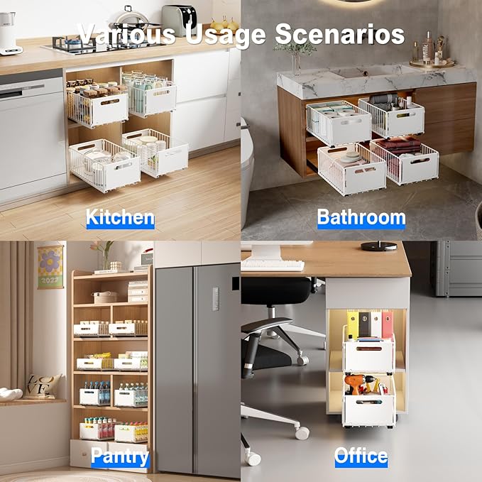 2 Pack Pull Out Cabinet Organizer, Slide Out Drawers for Cabinets, Peel and Stick, Heavy Duty Shelves for Kitchen, Cupboard, Pantry, Bathroom (14.76" D*9.65" W*7.87" H-White)