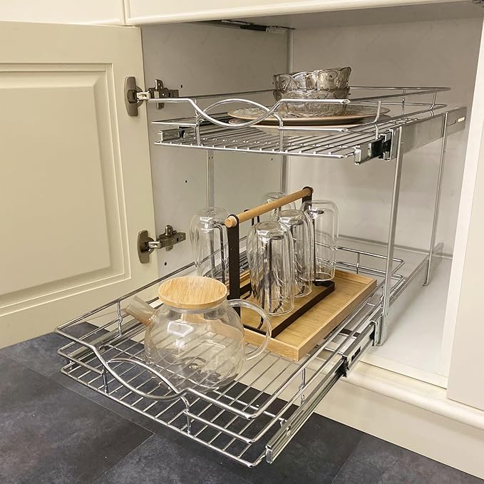 Sikarou Pull Out Cabinet Organizer 23" W x 21" D 2-Tier Individual Slide Out Drawer Pantry Shelf Storage for Kitchen Base Cabinet Organization for Kitchen, Bathroom, Pantry, Chrome