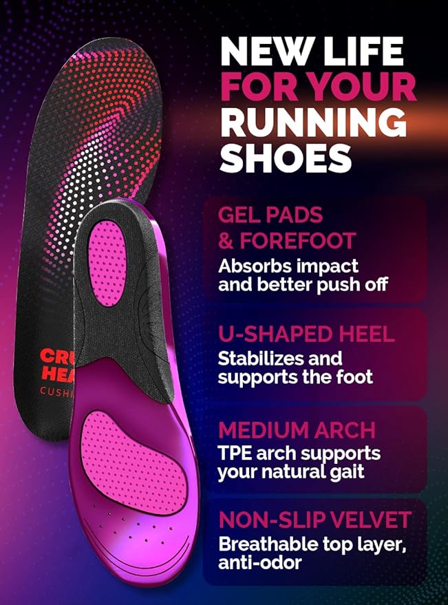 CRUVHEAL Running Insoles Men Women - Athletic Shock Absorbing Gel Insoles - Runner’s Knee - Reduce Muscle Soreness - Plantar Fasciitis - for Sport Shoes (M)