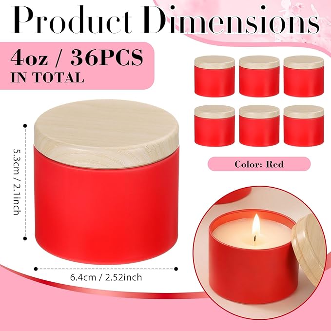 Honeydak 36 Pcs 4oz Red Candle Jars Bulk Candle Tins Small Empty Containers with Metal Wood Grain Printing Lids for Making DIY Jars Storage Wedding Gifts