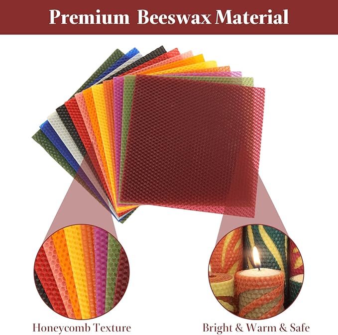 LDHHYH 24pcs 8 x 8 Inch Beeswax Sheets for Candle Making, 12 Bright Colors Beeswax Candle Making Kit for Adults, Wax Honeycomb Sheet with Cotton Wick for DIY Craft Gift