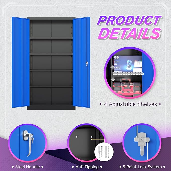 Superday Metal Storage Cabinets, 72" Storage Cabinet with Locking Door, Tall Garage Cabinet with 2 Doors and 4 Adjustable Shelves for Home Office, Classroom, Easy Assemble(Black Blue)