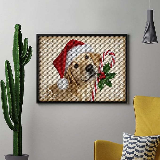 Diamond Painting Kits for Adults - Christmas Golden Retriever Puppy in Santa Hat with Candy Cane Painting DIY 5D Full Drill Diamond Dots Paintings with Diamonds Gem Art And Crafts Home Decor 12"x16"
