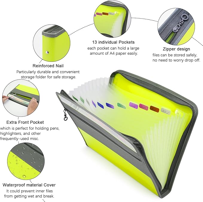 NAFY Expanding File Folder, 13 Pockets Document Organizer with Zipper, A4 Letter Size Portable Accordion Expanding File Folders with 27pcs Multicolor Labels for Home Office School Supplies (Green)