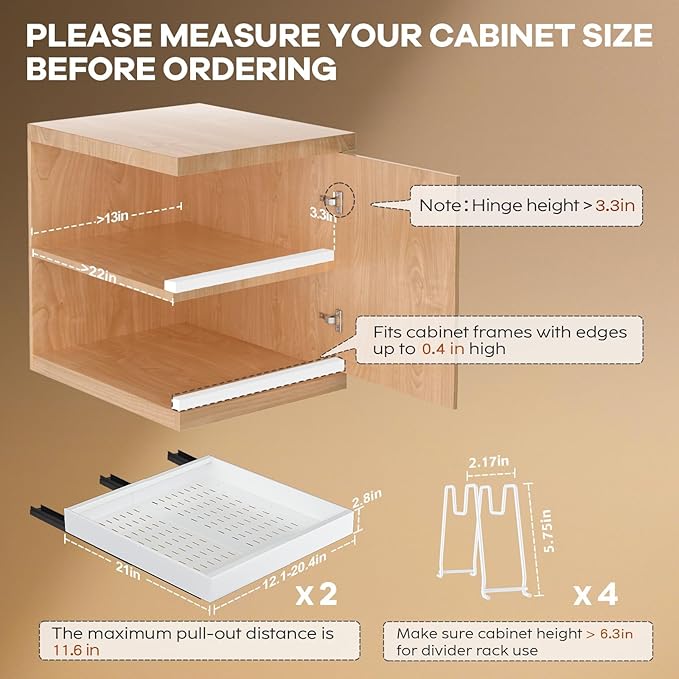 Seinloes 2 Pack Pull out Cabinet Organizer 21"Deep With Raising Pad for Framed Cabinets, Expandable Slide out Drawers for Kitchen Cabinets with 4pcs Divider Racks, Roll out Shelves 12.1"-20.4" W White