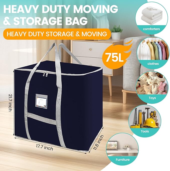 3 Pack Different Size Large Storage Bags, Heavy Duty Storage Bags, Large Moving Bags, Space Saving, Storage Tote Bag, Organizing Bedroom, with Reinforced Handles & Double Zippers (Blue)