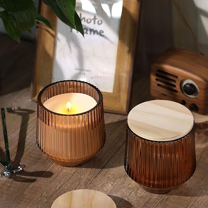 simeitol 13 OZ Candle Jars for Making Candles - 6 Pack Terracotta Ribbed Glass Candle Jars, Candle Making Jars, with Bamboo Lids and Candle Wick Kit, Candle Vessels Bulk for DIY