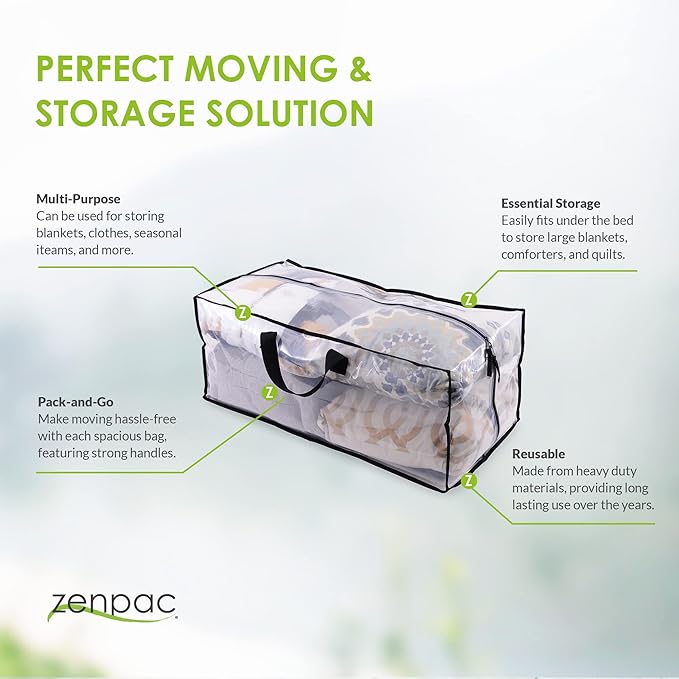 ZENPAC Clear Blanket Storage with Handles, Zippered Plastic Bags, Heavy Duty, Waterproof for Packing Clothes, Linens, Comforters, 27x12x13.75, 3 Pack