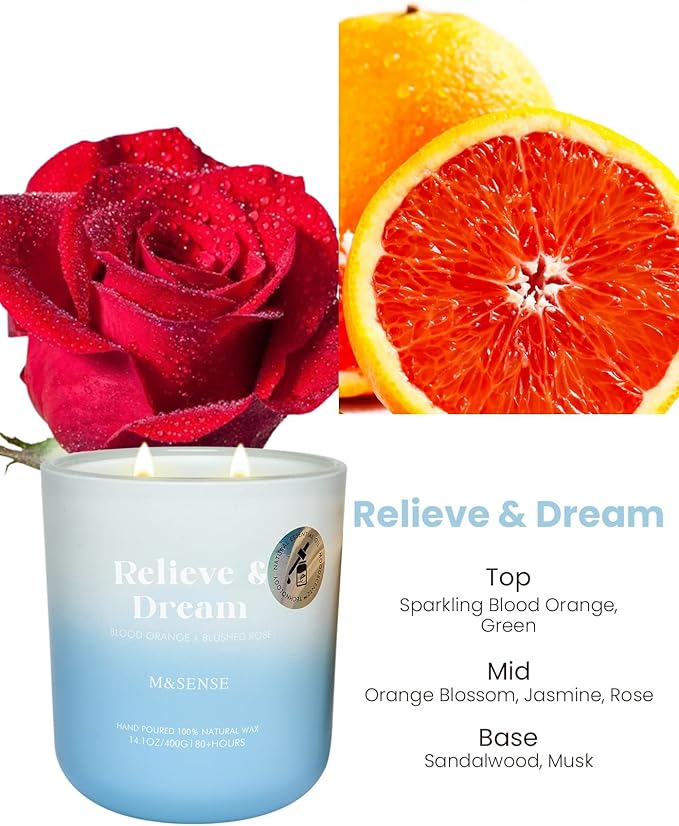M&SENSE Orange & Rose Aromatherapy Candle for Stress Relief & Relaxation, 14.1oz 80-Hour Long-Lasting Non Toxic Highly Scented Candle, Natural Soy Wax Spiritual Healing Gift