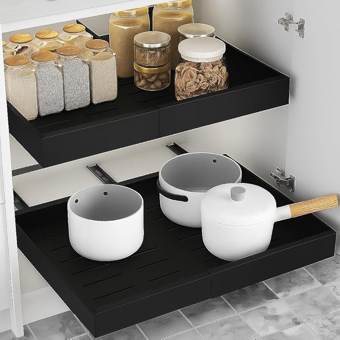 Expandable Pull Out Drawers for Cabinets (Black): Kitchen and Pantry Organizer, Sliding Cabinet Organizer with Adhesive, Under Sink and Pots Storage, 12.5"-20.5". Adjustable Shelf Solution
