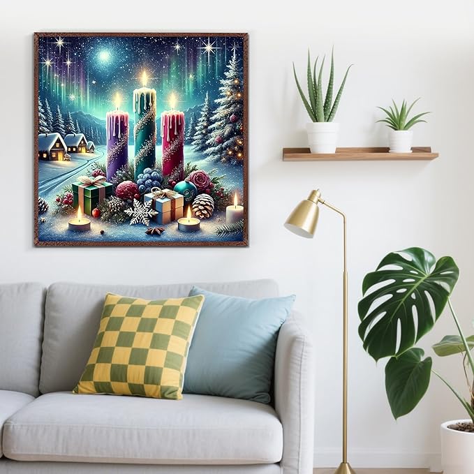 Winter Christmas Candle Tree Diamond Painting Kits for Adults, 5D Diamond Art Kits for Adults Beginners,DIY Full Round Drill Diamond Dot Painting Gem Art Kits for Adult,Home Wall Decor 13.8x13.8 Inch