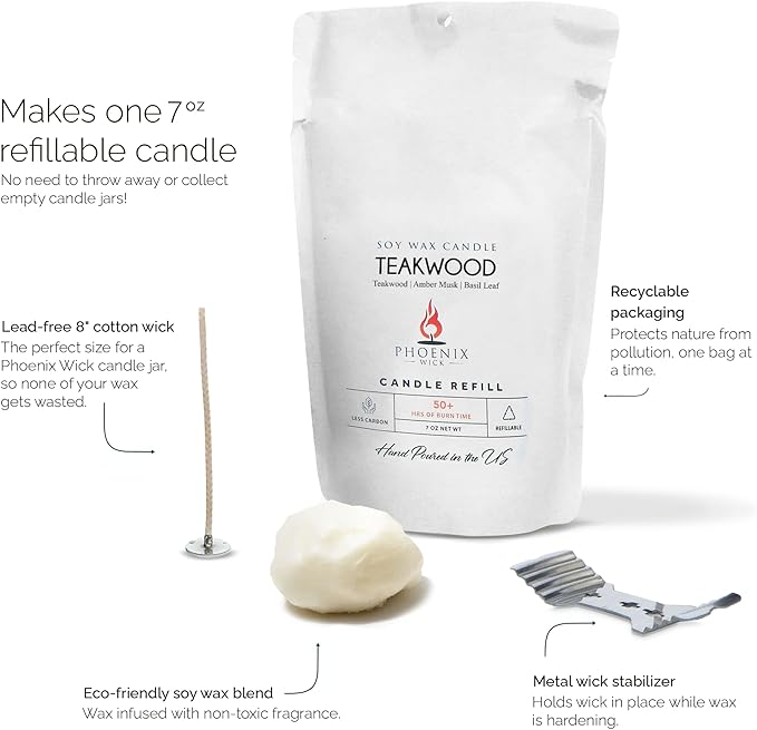Phoenix Wick Candle Pack – Transform Anything Into A Candle – Candle Making Kit with Wick + 7oz Wax (Teakwood Scent)