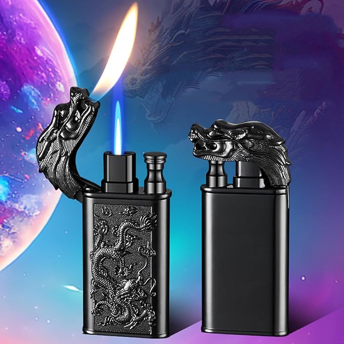 Torch Lighter, Cool Relief Dragon Dual Flame - Windproof Adjustable Jet Flame and Soft Flame, Refillable Butane Lighter for Gift, Candle, BBQ, Kitchen, Camping (Without Butane)-Black