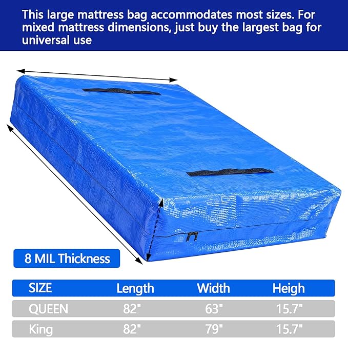 Heavy Duty Mattress Bags for Moving and Storage, Extra-Thick King Size Mattress Bag for Moving with 12 Handles, Reusable and Durable Storage Bag Protector with Zipper, Blue