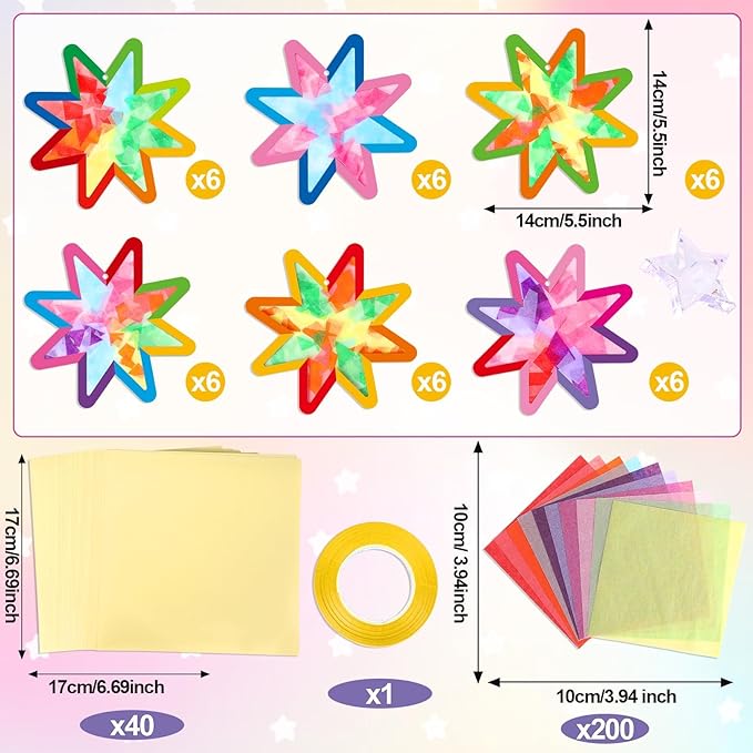 Qyeahkj 36 Set Summer Star Suncatchers Crafts for DIY Star Window Tissue Paper Craft Kit Art Ornament Hanging Decor for Home Activity Art Project Birthday Party Favors Gifts