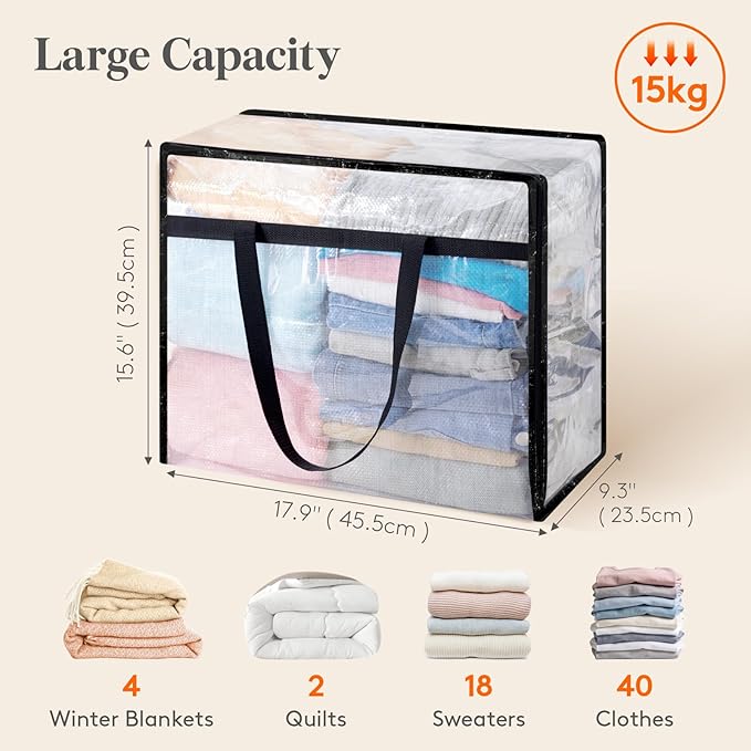 Lifewit 3 Pack Clear Blanket Storage Bags, Foldable Plastic Clothes Organizer with Zipper, Closet Organization Containers and Moving Bag for Comforter, Bedding, Duvet, 40L