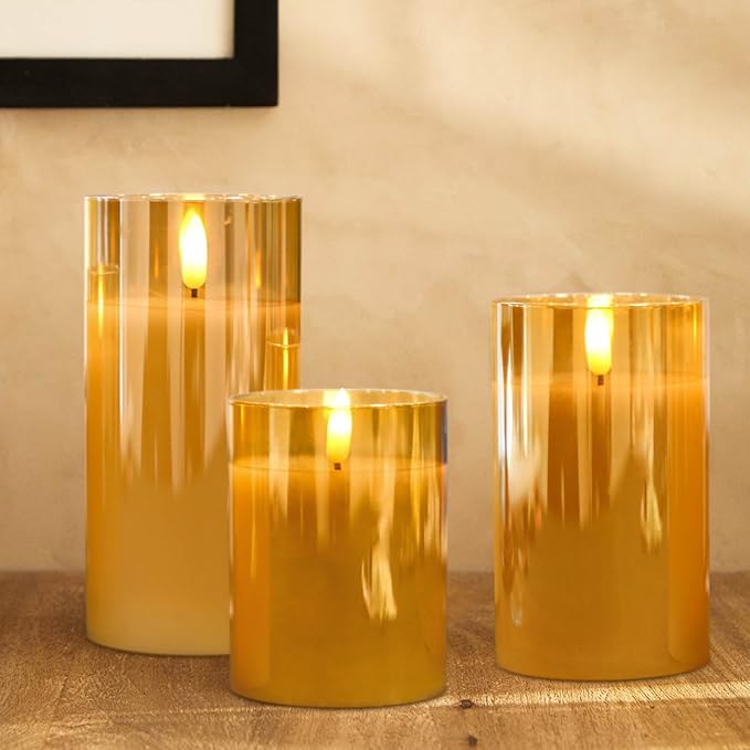 Rechargeable Candles with Remote, Rechargeable Flameless Candles with Timer, LED Battery Operated Candle with 3D Wick and Charging Cable for Halloween Christmas Decor(Gold)