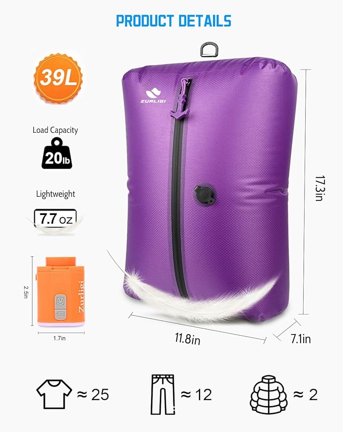 Zurligi Travel Vacuum Compression Bags with Removable Handle & Mini Pump – 39L Reusable IPX8 Waterproof Vacuum Packing Cubes, Vacuum Seal Bags for Clothes, Suitcase & Backpack(2-Pack Purple)