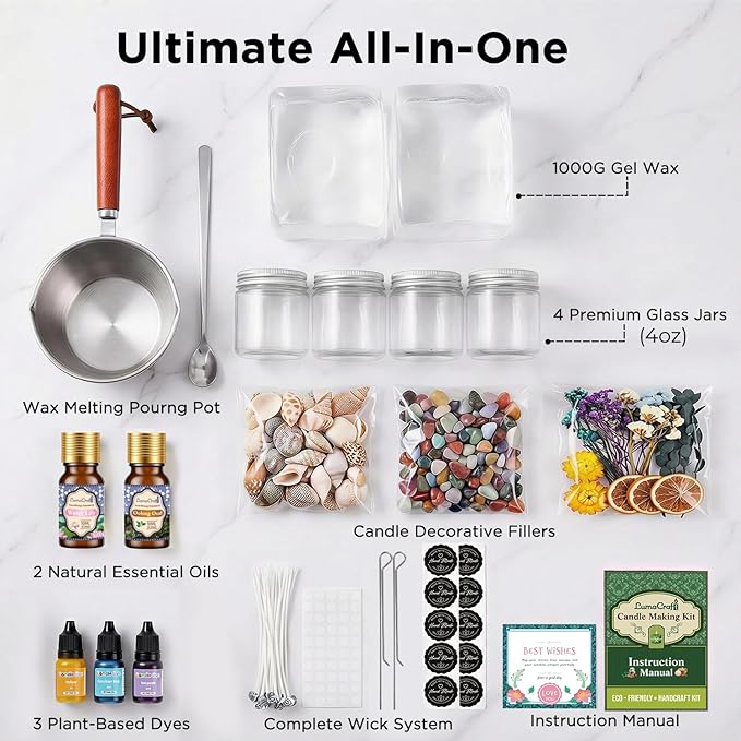 LumaCraft Clear Gel Wax Candle Making Kit – 2.2LB Transparent Jelly Wax with Boutique Fragrance Oils, Dyes, Glass Jars, Wicks & Decor Supplies, Luxury Complete DIY Starter Kit for Beginners & Adults