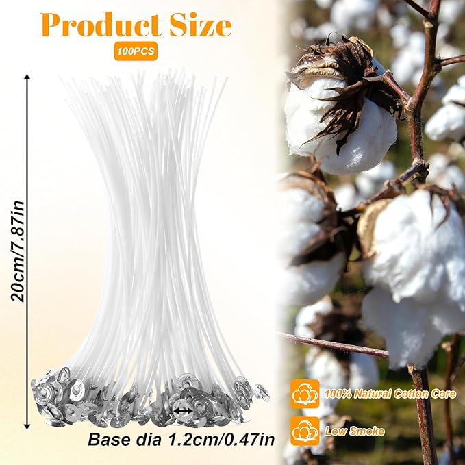 8 Inch Candle Wicks, Cotton Wicks Coated with Paraffin Wax, Short Candle Making Wick for Candles Making, 100 PCS Candles Wick Stickers