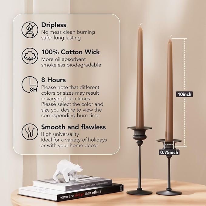10-Inch Tall Dripless Taper Candles Set of 4 - Taupe Tapered Candles, Perfect for Spring - Smokeless, Unscented, Long Burning - Hand Poured, Colored Tall Candlesticks - Gray