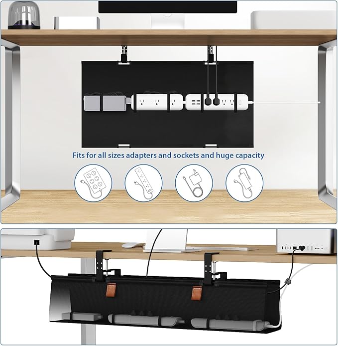 Zilink No Drill Under Desk Cable Management Tray 30" Cord Organizer for Table Clamp/Screw Mount Desk Cable Management Sturdy Waterproof Fabric Cord Hiders for Office, Home