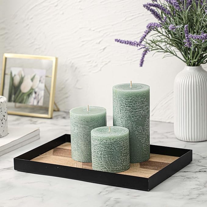3x6 Inch Sage Green Pillar Candles Set of 3 - Unscented Spring, Long Clean Burning, Large Smokeless Dripless for Home Decor, Dinner Table, Bathroom, Rustic Decor