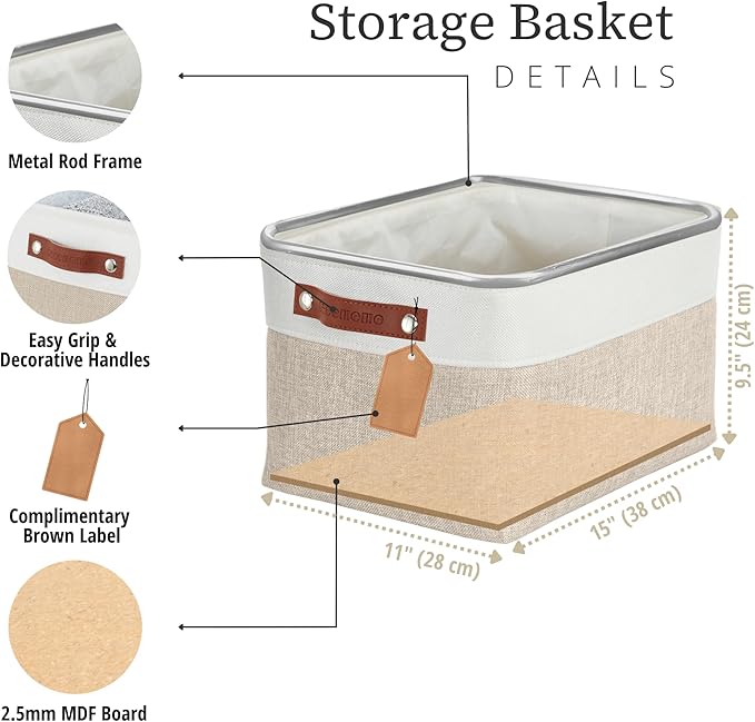 DECOMOMO Storage Baskets for Shelves - Fabric Storage Bins, Linen Closet Organizers and Storage (Beige & White, Large - 3 Pack)