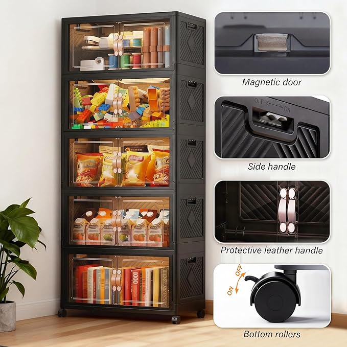 Collapsible Storage Bins with Lids&Wheels-311QT(78Gal) Stackable Plastic Containers with Doors,Heavy-Duty Foldable Organizer Bins for Home,Office,Books,Black,5-Pack
