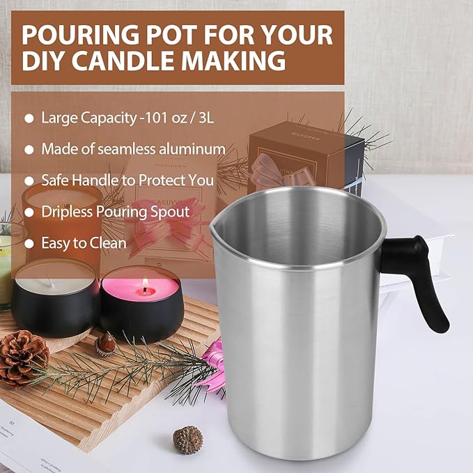 SAEUYVB Light Candle Making Pouring Pot, Holds for 4 pounds, Aluminum Wax Melting Pot with Heat-Resistant Handle and Dripless Pouring Spout for Candle Making，3L