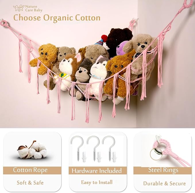 YKBU Stuffed Animals Hammock Corner Hanging Net with Wooden Beads Macrame Stuffed Animal Storage Ideas Plush Holder Toy Organizer for Boho Nursery Playroom Bedroom Kids Room Décor (light pink, Large)