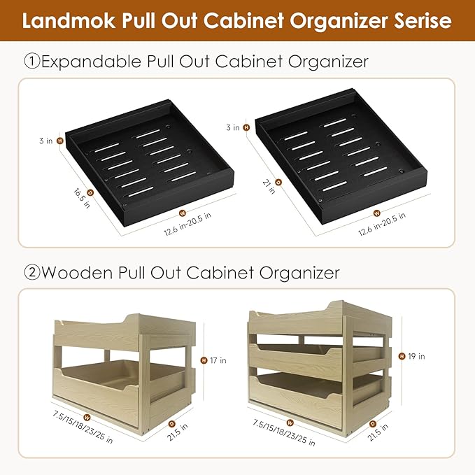 2 Pack Expandable Pull Out Cabinet Organizer 16.5" Deep, Adjustable Width 12.6"-20.5", No Drill Adhesive with Triple Track Rails, Heavy Duty Slide Out Drawers for Kitchen,Pantry,Cabinets,Black
