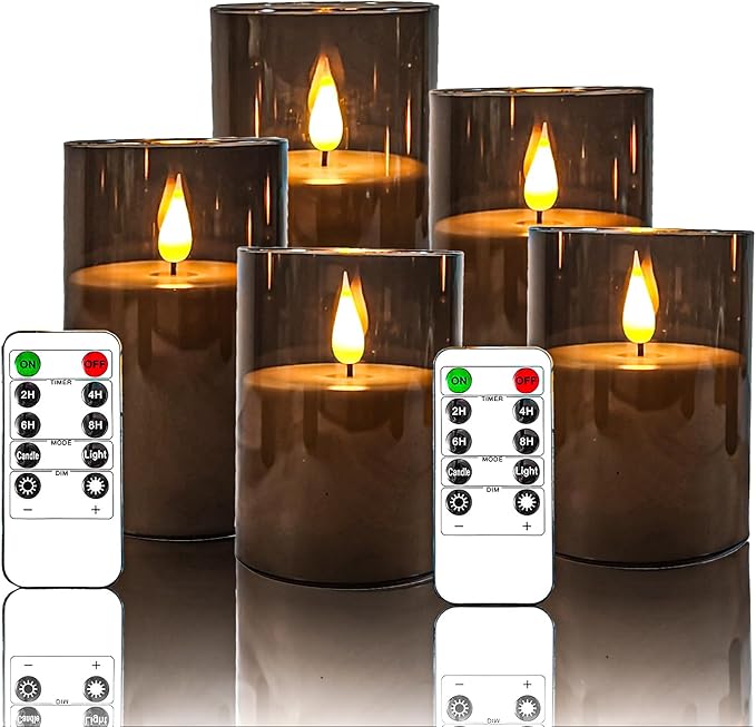 NICEME Gray Flickering Flameless Candles, Battery Operated Acrylic LED Pillar Candles with Remote Control and Timer Flameless Halloween Candles for Christmas New Year Home Decor, Set of 5